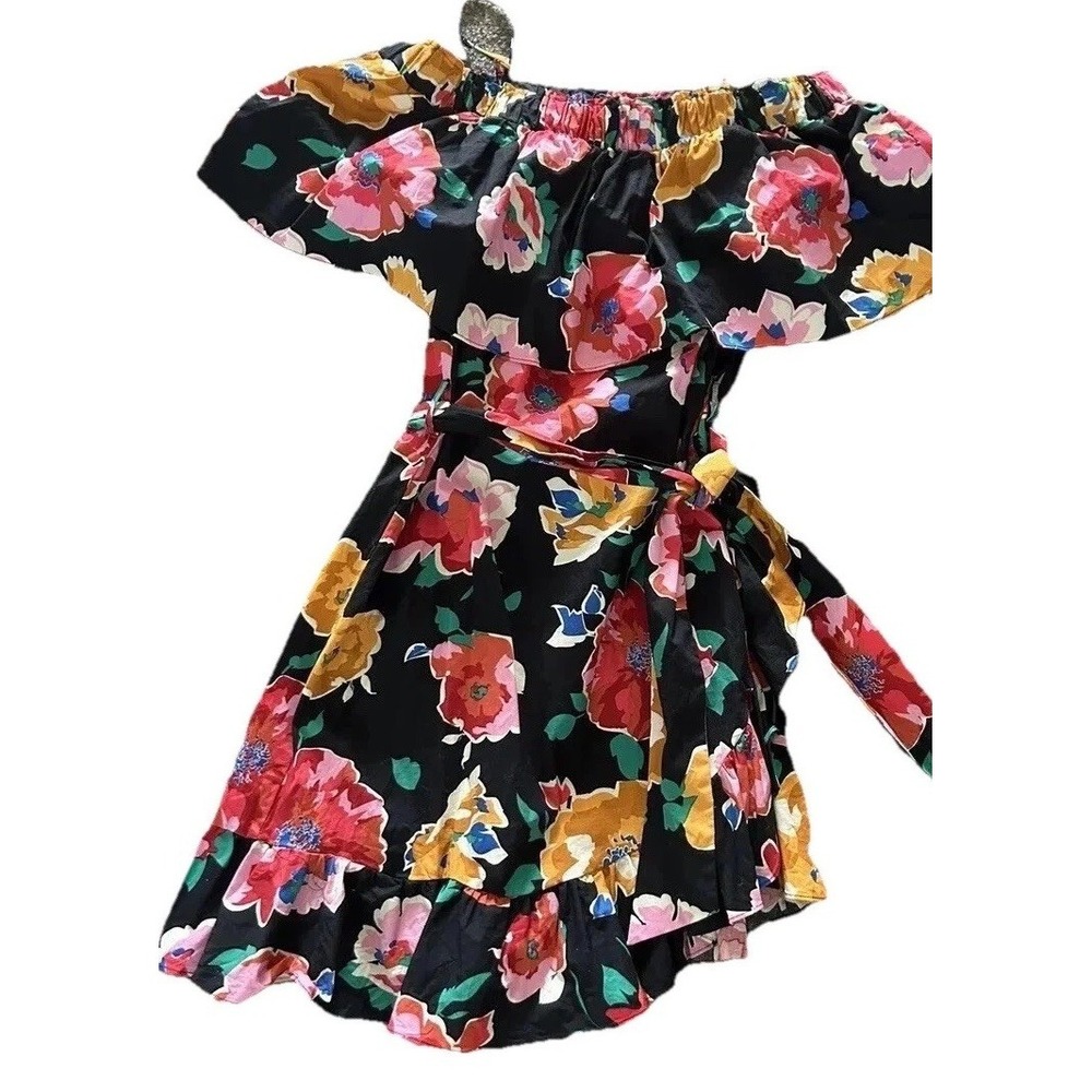 Floral Ruffle Off Shoulder Dress S Fabric Belt Black Asymmetric Hem Small